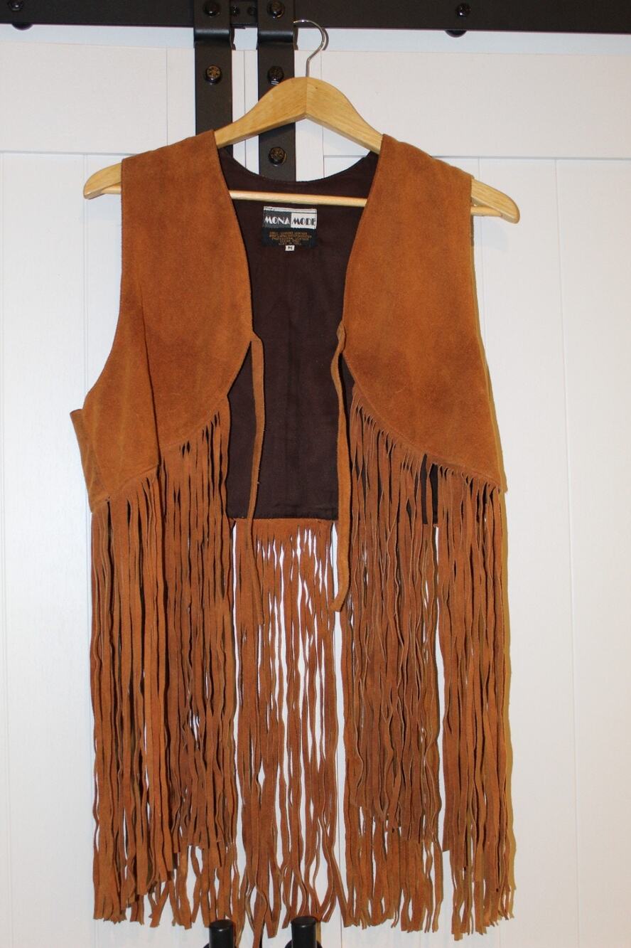 Mona Mode Women’s Genuine Leather Fringe Vest Size M Western Boho Festival Brown